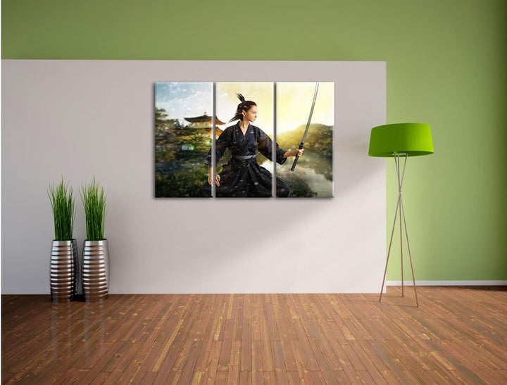 Pixxprint Samurai-Kriegerin Schnee / 3-Teilig/Gesamtmass 120cm Leinwandbild bespannt auf Holzrahmen/