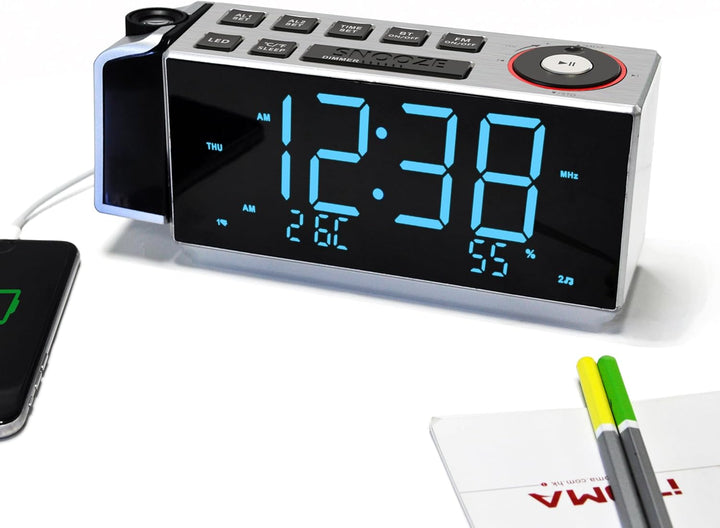 iTOMA Projektionswecker mit UKW-Radio, USB-Aufladung, 1.8'' LED-Anzeige, Nachtlicht, Doppelalarm, Sn