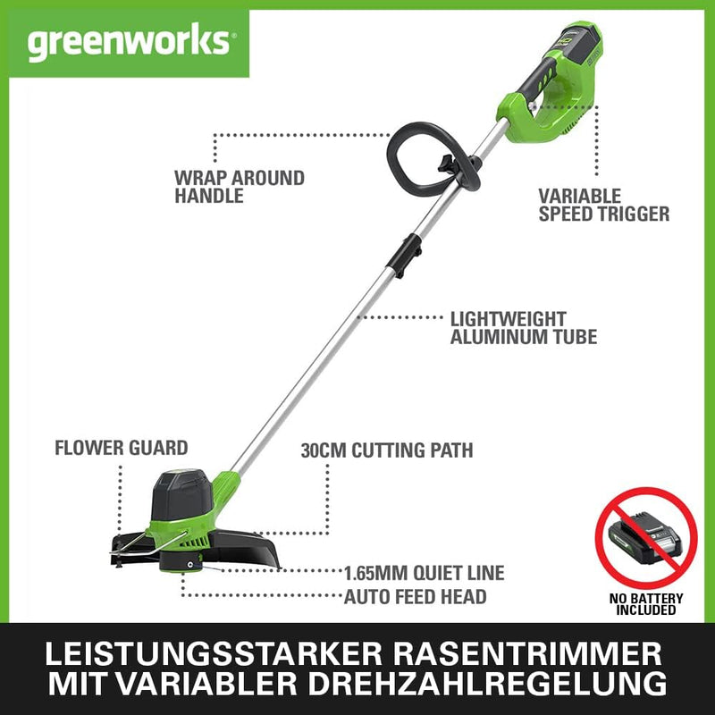 Greenworks G40LT Akku Rasentrimmer für mittelgrosse Gärten, höhenverstellbar, 30 cm Schnittbreite, a