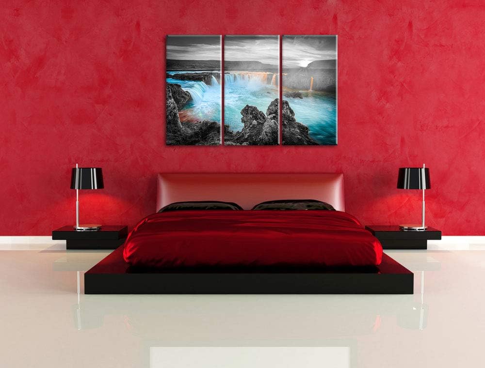 Pixxprint Goðafoss bei Sonnenuntergang als Leinwandbild | Grösse: 3 Teilig (120x80) | Wandbild| Kuns