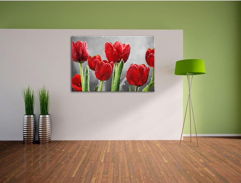 Pixxprint Rote Tulpen mit Tropfen bedeckt als Leinwandbild/Grösse: 100x70 cm/Wandbild/Kunstdruck/fer
