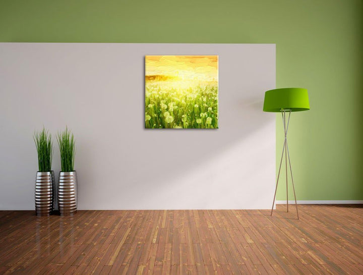 Pixxprint Pusteblumenwiese bei Sonnenuntergang Pinsel Effekt, Format: 70x70 auf Leinwand, 70x70