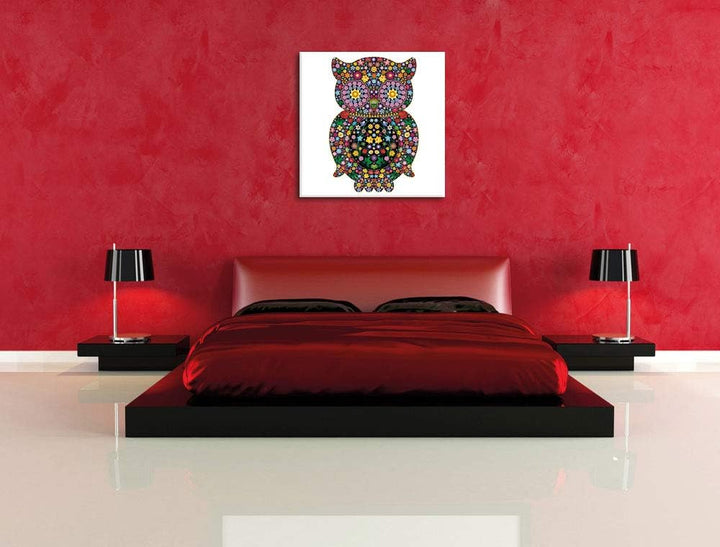 Eule aus Blumen Ornamenten, Format: 70x70 auf Leinwand, XXL riesige Bilder fertig gerahmt mit Keilra