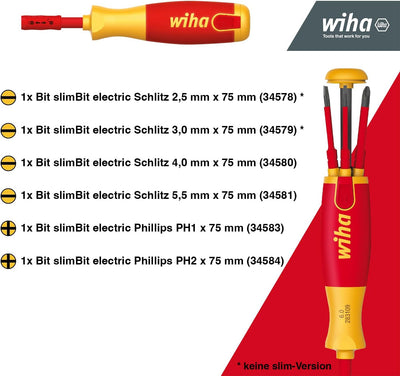 Wiha Schraubendreher mit Bit Magazin LiftUp Electric Schlitz I Phillips mit 6 slimBits I 1000V Siche