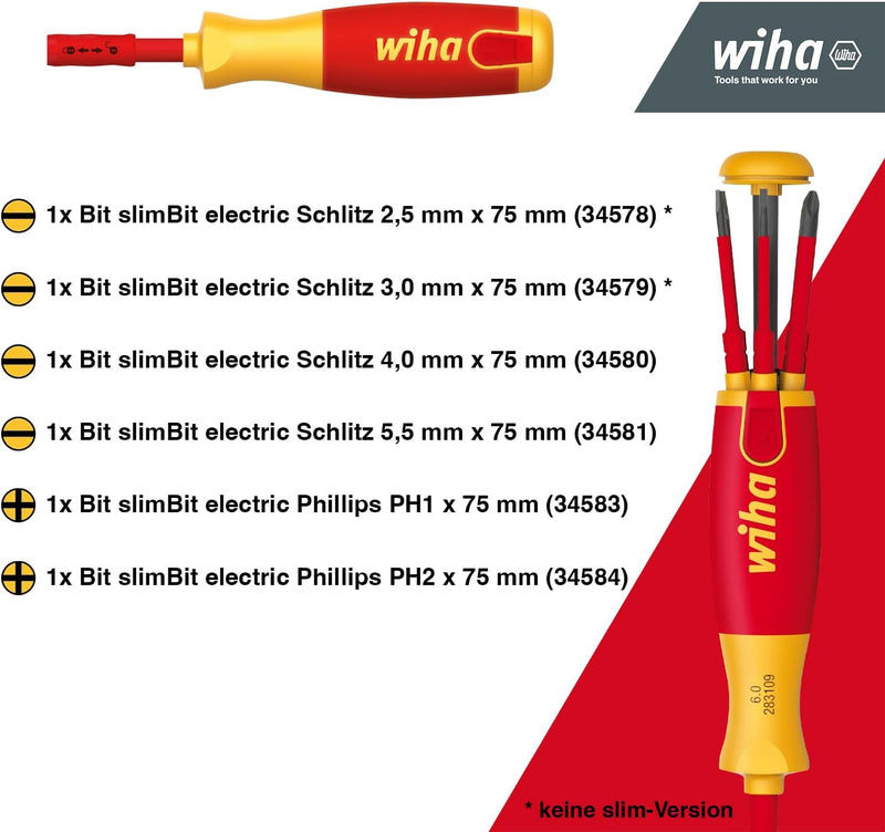 Wiha Schraubendreher mit Bit Magazin LiftUp Electric Schlitz I Phillips mit 6 slimBits I 1000V Siche