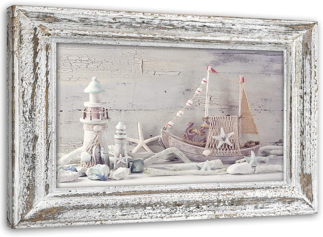 Leinwandbild XXL Schiff Leuchtturm 120x80 cm Wandbild Kunst shabby chic Rahmen Illusion Beige 120x80