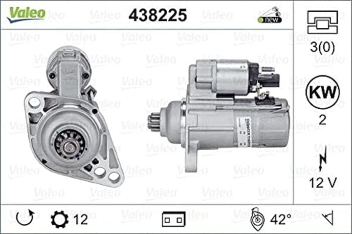 VALEO 438225 Starter Nennleistung: 2 kW Stop & Start: NO Zähnezahl: 12 zähne Spannung: 12 V Drehrich