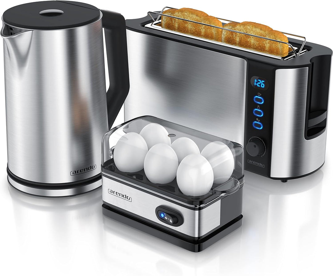 Arendo - Wasserkocher mit Toaster SET und Eierkocher, Edelstahl Silber Wasserkocher 1,5L 40° - 100°C