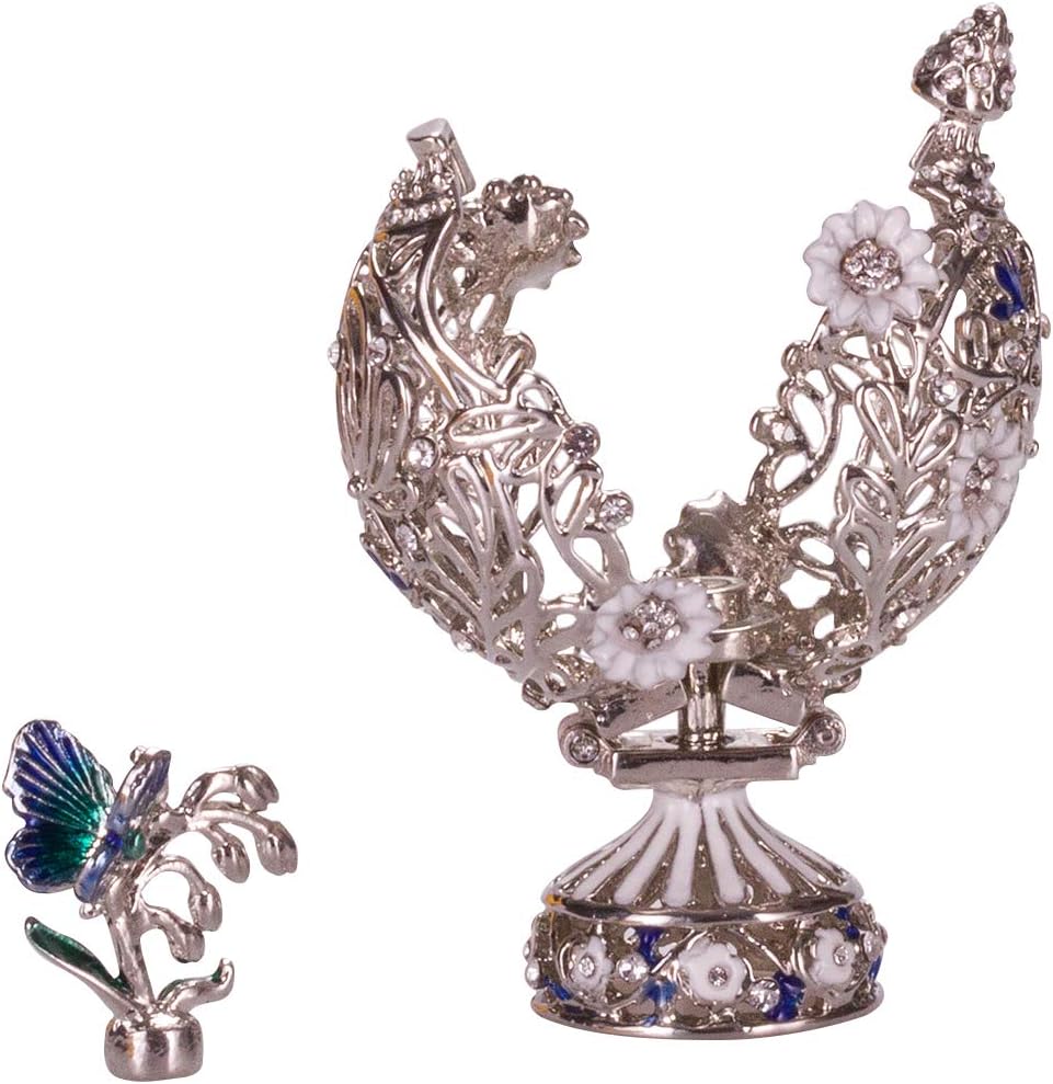 Fabergé-Stil geschnitzt Ei mit Blumen & Schmetterling 7 cm Silberne Farbe