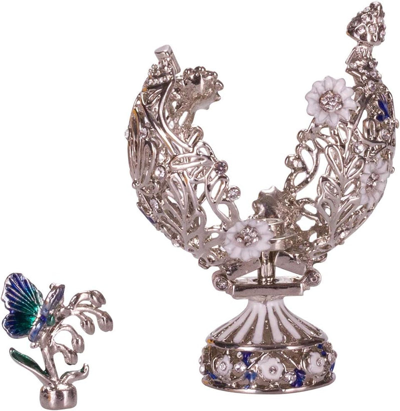 Fabergé-Stil geschnitzt Ei mit Blumen & Schmetterling 7 cm Silberne Farbe