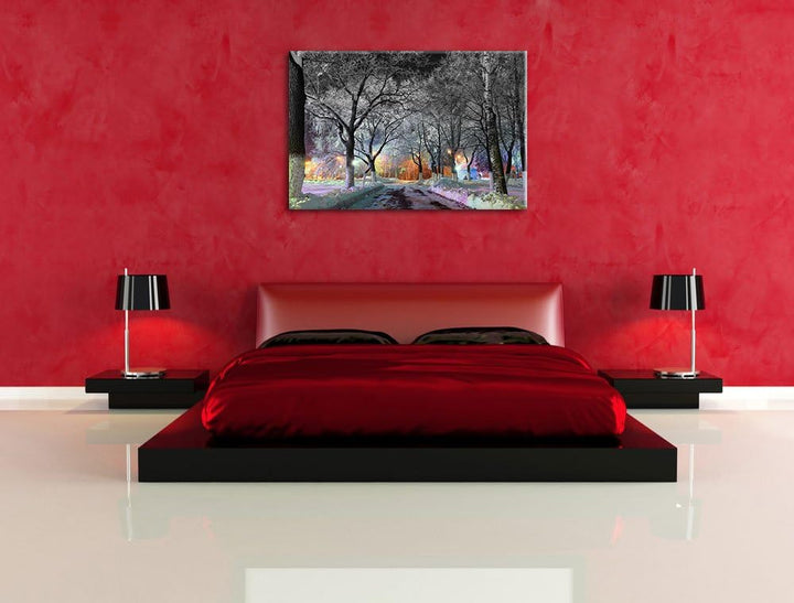 Pixxprint Baumallee im Winter als Leinwandbild/Grösse: 100x70 / Wandbild/Kunstdruck/fertig bespannt,