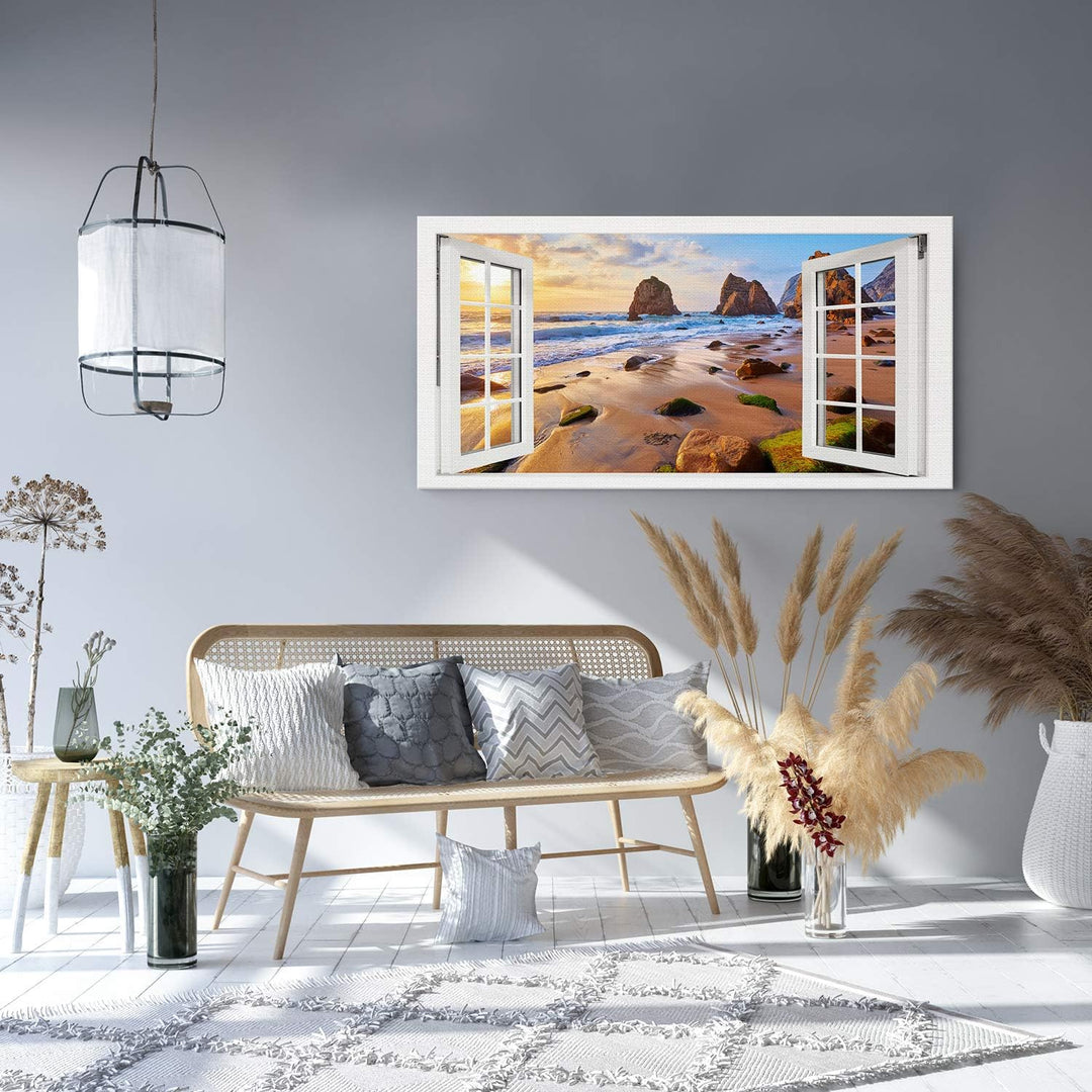 PICANOVA – Bild auf Leinwand Meeresstrand mit Felsen Fenster 100x50cm – Leinwandbild – Premium Leinw