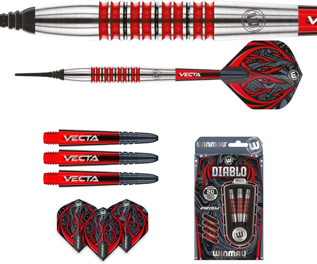 WINMAU Diablo Profi Softip Wolfram Dartpfeile mit Flüge und Stiele (Wellen) 20g Torpedo, 20g Torpedo