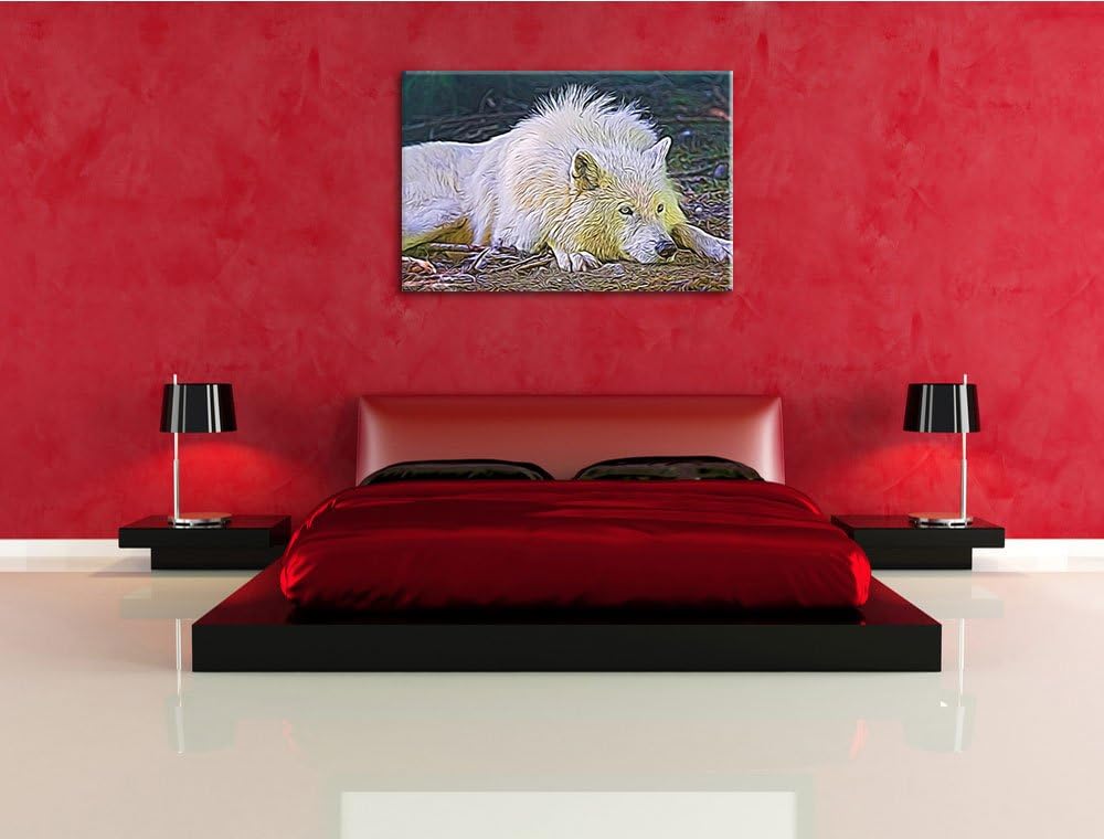 ruhender Polarwolf Deluxe Format: 100x70 cm auf Leinwand, XXL riesige Bilder fertig gerahmt mit Keil