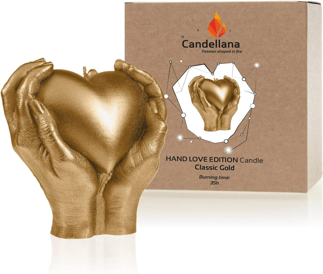 Candellana Kerze Herz Hand | Höhe: 16 cm | Klassisches Gold | Brennzeit 35h | Kerzengrösse gleicht 1
