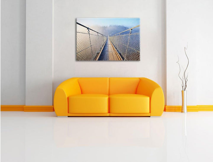 Pixxprint Hängeseilbrücke im Nebelschimmer als Leinwandbild/Grösse: 100x70 cm/Wandbild/Kunstdruck/fe