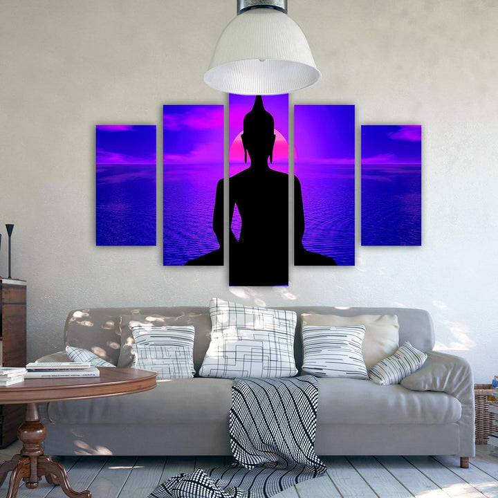 Feeby Bilder Buddha 200x100 cm Leinwandbild 5 Teilig XXL Kunstdruck modern Meer violett Leinwandbild
