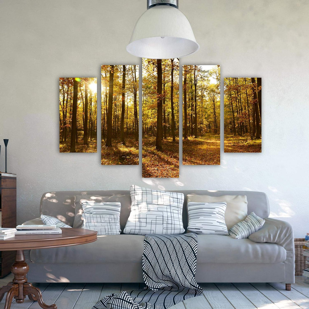 Feeby Leinwandbild 5 Teilig Landschaft Bild Wanddeko Blätter Wald Bäume orange 200x100 cm Leinwandbi