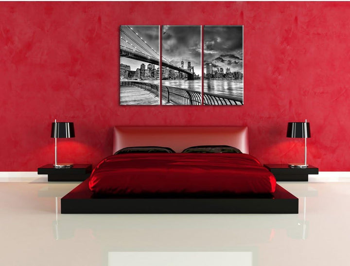 Pixxprint Monocrome, Brooklyn Bridge Park New York 3-Teiler Leinwandbild 120x80 Bild auf Leinwand