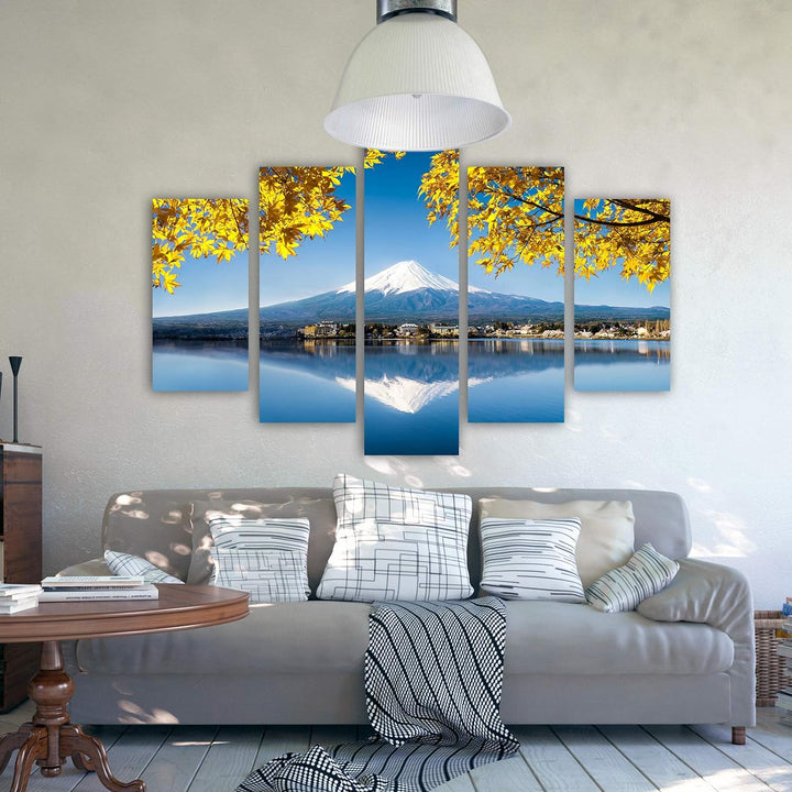 Feeby Bilder Berg 100x70 cm - Leinwandbild - 5 Teilig - Kunstdruck See Blätter gelb Leinwandbild 100