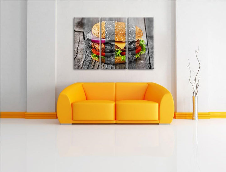 Saftiger Cheeseburger schwarz/weiss 3-Teiler Leinwandbild 120x80 Bild auf Leinwand, XXL riesige Bild