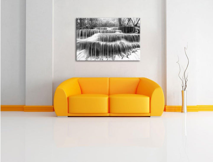 Pixxprint Wasserfall im Regenwald / 100x70cm Leinwandbild bespannt auf Holzrahmen/Wandbild Kunstdruc