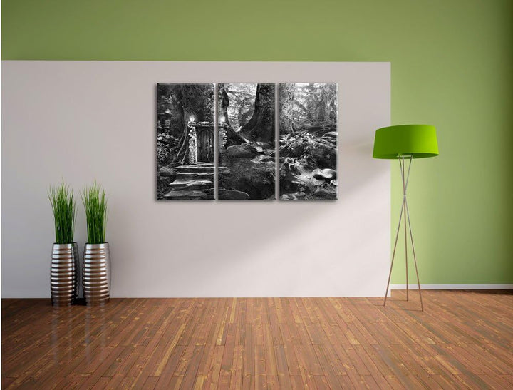 Pixxprint Geheimes Tor im Wald / 3-Teilig/Gesamtmass 120cm Leinwandbild bespannt auf Holzrahmen/Wand