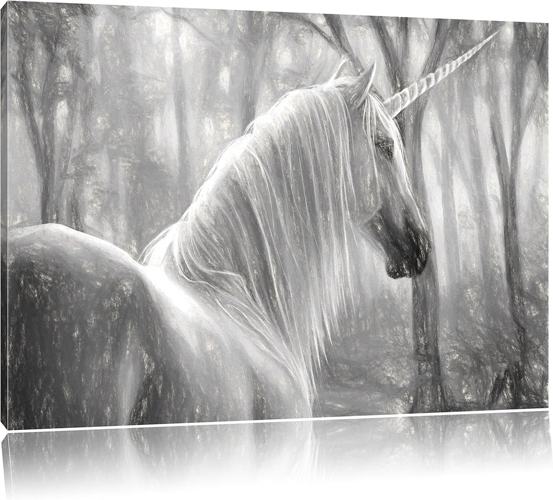Pixxprint Einhorn im Wald / 100x70cm Leinwandbild bespannt auf Holzrahmen/Wandbild Kunstdruck Dekora