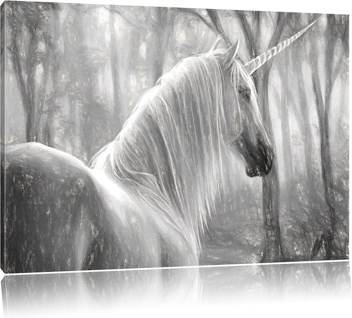 Pixxprint Einhorn im Wald / 100x70cm Leinwandbild bespannt auf Holzrahmen/Wandbild Kunstdruck Dekora