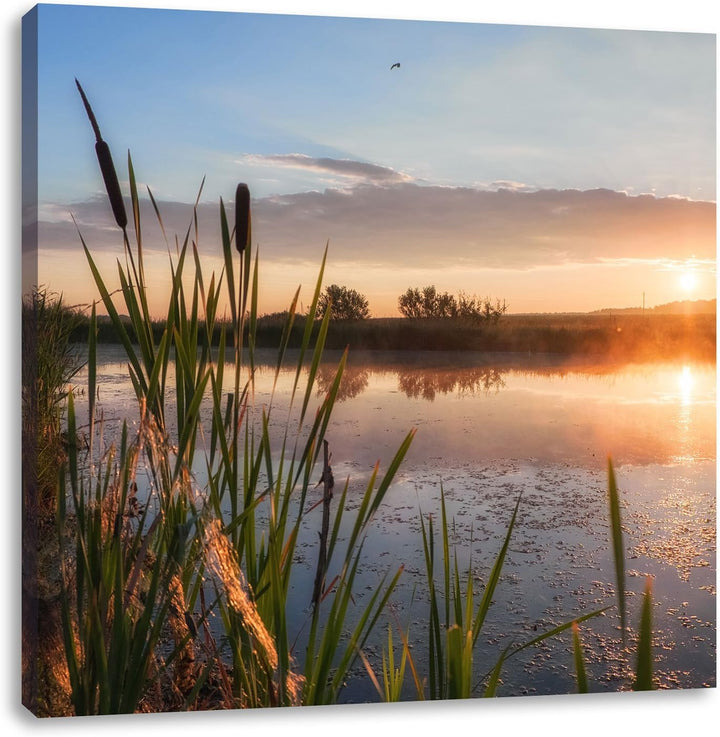 Sonniger Morgen am See, Format: 70x70 auf Leinwand, XXL riesige Bilder fertig gerahmt mit Keilrahmen