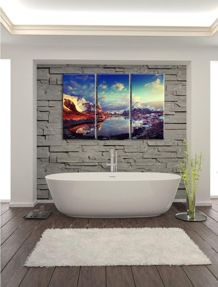 Pixxprint Schneelandschaft in einem Dorf in Norwegen 3-Teiler Leinwandbild 120x80 Bild auf Leinwand