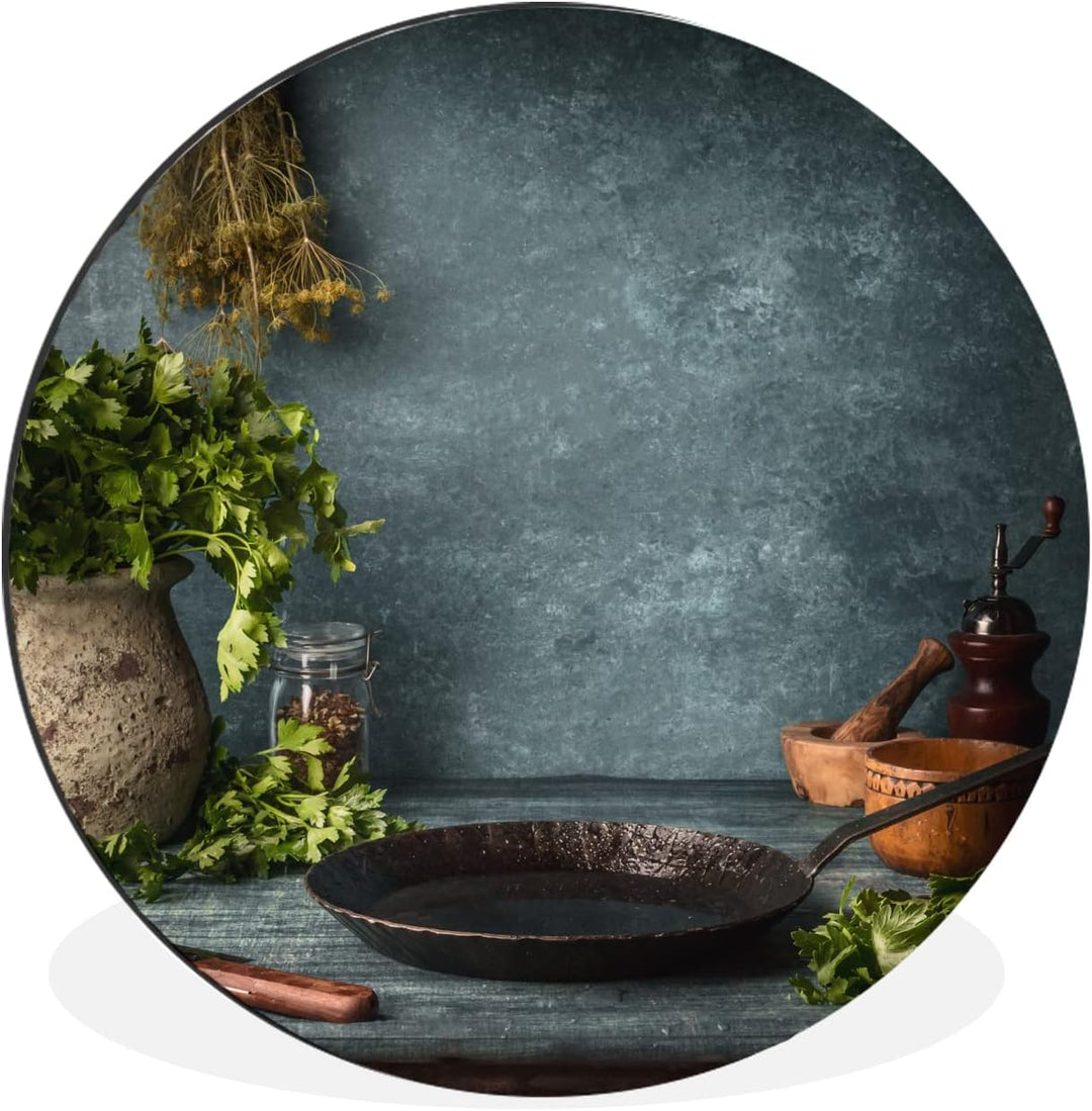 MuchoWow Wandbild Rund Wanddeko Deko Wohnzimmer Bilder 30x30 cm Kräuter - Gewürze - Pfanne - Messer