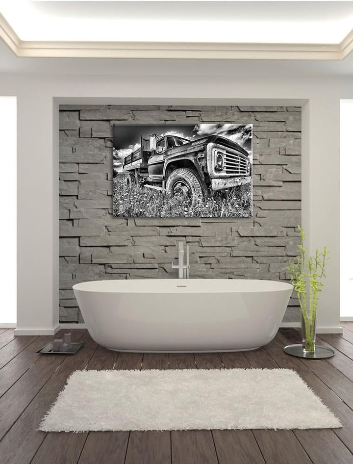 Pixxprint USA Truck auf Blumenwiese 100x70cm Leinwandbild Wandbild Kunstdruck