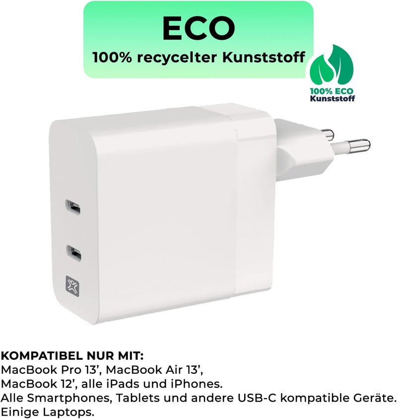 XtremeMac Premium USB-C Ladegerät 65W, USB C Netzteil 2-Port Schnellladegerät PD Charger 60W - kompa