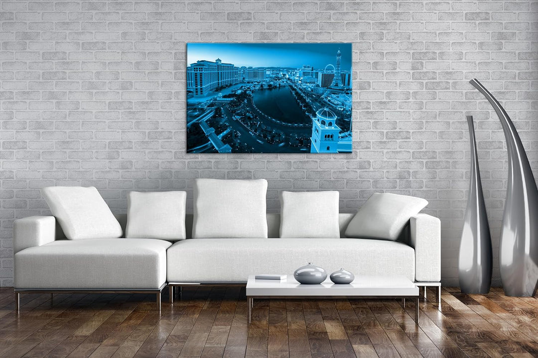 deyoli Las Vegas Skyline Format: 100x70 cm Effekt: Monocrome Blau als Leinwandbild, Motiv fertig ger