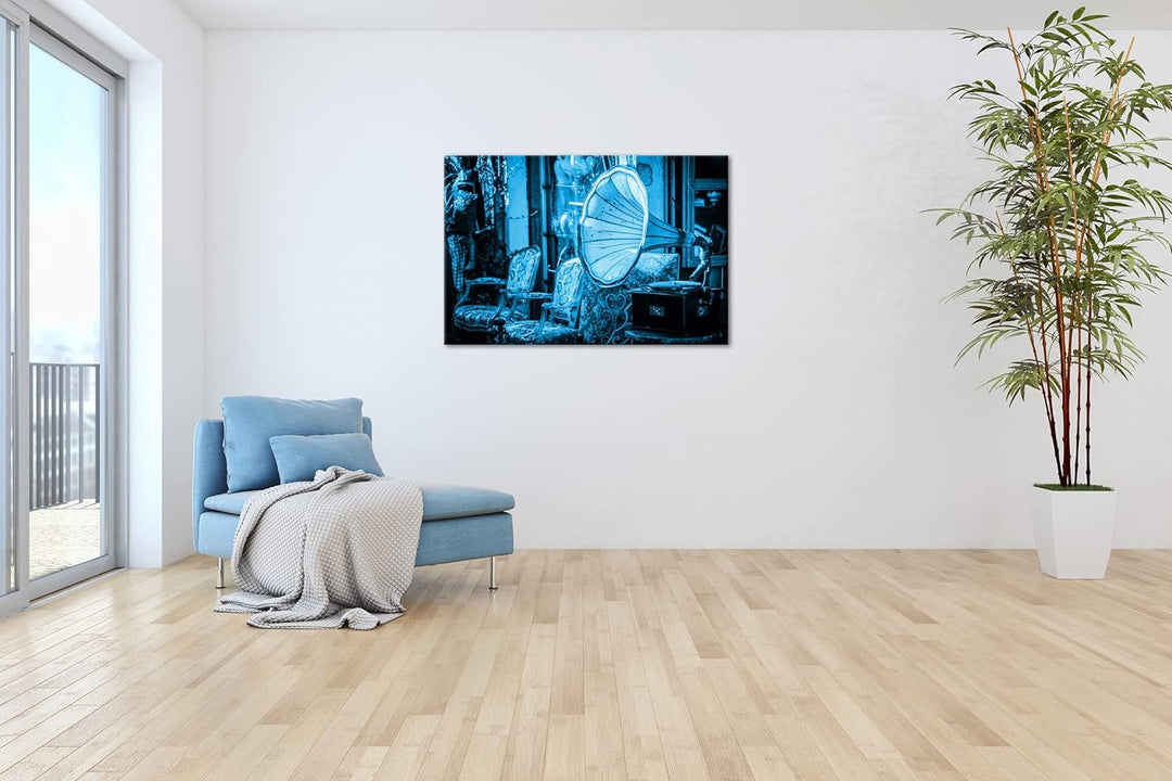 deyoli nostalgischer Plattenspieler Format 80x60 Effekt: Monocrome Blau als Leinwandbild, Motiv fert
