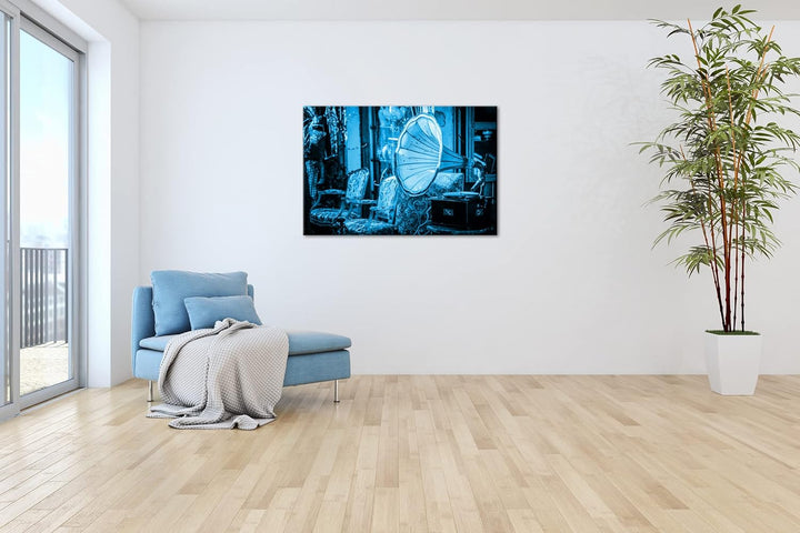 deyoli nostalgischer Plattenspieler Format 80x60 Effekt: Monocrome Blau als Leinwandbild, Motiv fert