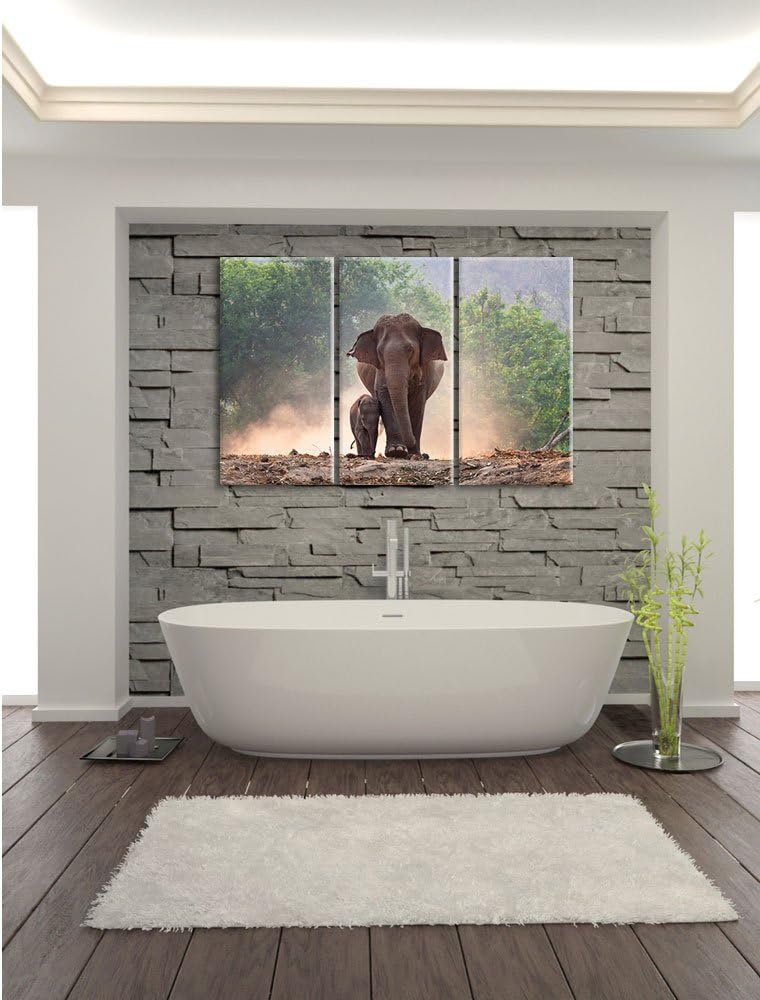 Pixxprint Elefantenbaby mit Mutter / 3-Teilig/Gesamtmass 120cm Leinwandbild bespannt auf Holzrahmen/