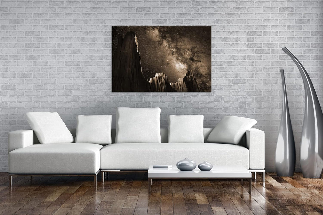 Hoch über den Bergen Effekt: Sepia, Format: 80x60 als Leinwandbild, Motiv fertig gerahmt auf Echthol