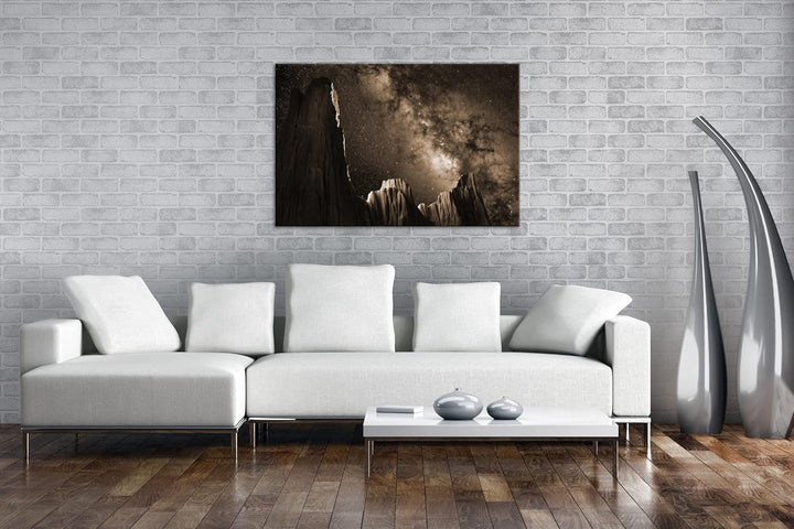 Hoch über den Bergen Effekt: Sepia, Format: 80x60 als Leinwandbild, Motiv fertig gerahmt auf Echthol