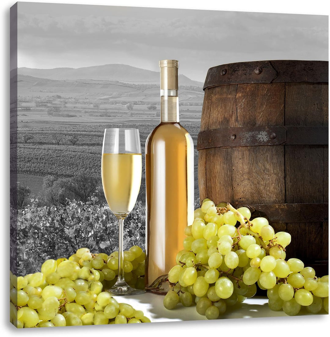 Pixxprint Weinreben mit Weinflasche und Fass als Leinwandbild/Grösse: 70x70 cm/Wandbild/Kunstdruck/f