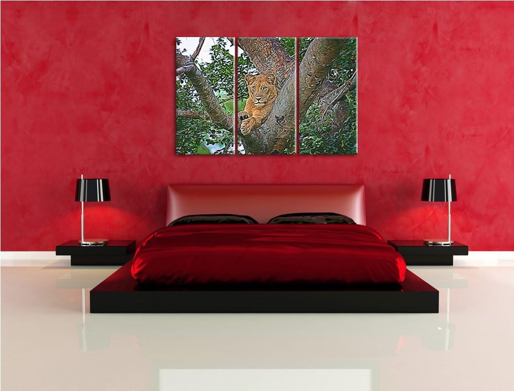 schöne Löwin auf Baum NewArt 3-Teiler Leinwandbild 120x80 Bild auf Leinwand, XXL riesige Bilder fert