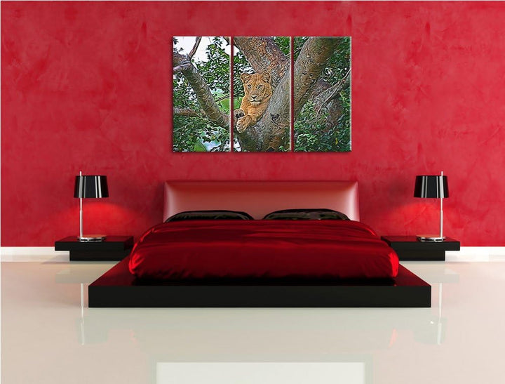 schöne Löwin auf Baum NewArt 3-Teiler Leinwandbild 120x80 Bild auf Leinwand, XXL riesige Bilder fert