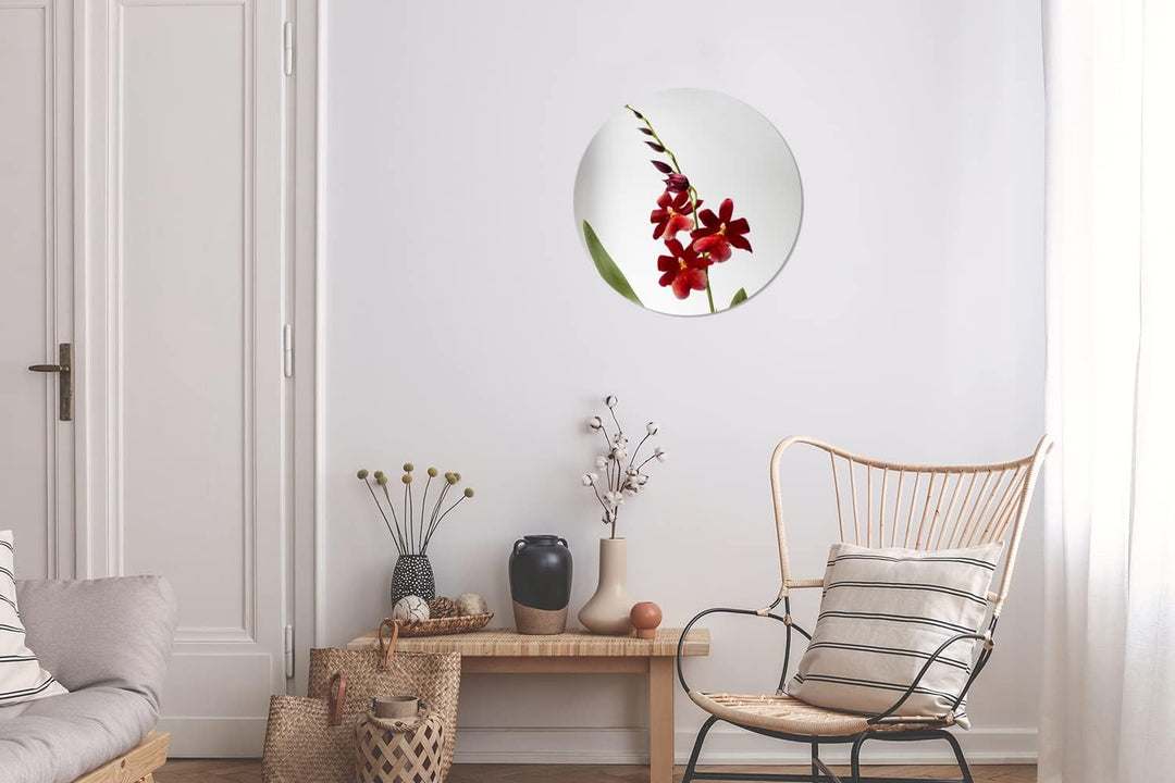 MuchoWow Wandbild Rund Wanddeko Deko Wohnzimmer Bilder 30x30 cm Rote Orchidee mit Blättern auf weiss