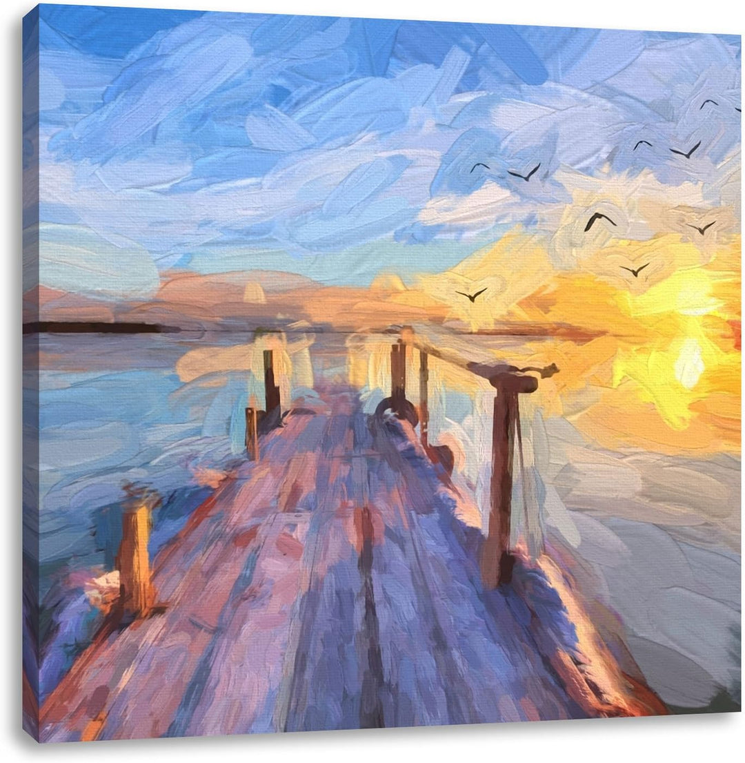 schöner Steg mit Möwen, Format: 70x70 auf Leinwand, XXL riesige Bilder fertig gerahmt mit Keilrahmen