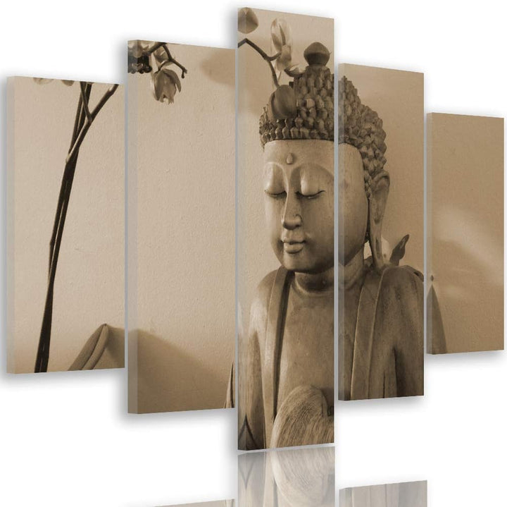 Wandbild XXL 5 Teilig Buddha Leinwandbild Figur Blumen Zen Spa Sepia 300x140 cm Leinwandbild 300x140