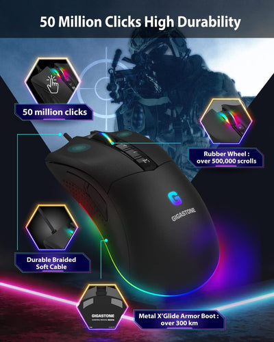 Gigastone Gaming-Maus 16.000 DPI, Kabelgebundene Gaming-Maus Mit Anpassbarer RGB-Hintergrundbeleucht