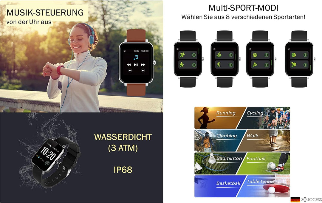 SOUCCESS FITNESSUHR MIT Full Touch Display, SMARTWATCH Always ON Display, FITNESSTRACKER, PULSMESSER