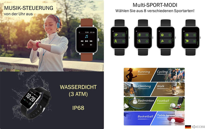 SOUCCESS FITNESSUHR MIT Full Touch Display, SMARTWATCH Always ON Display, FITNESSTRACKER, PULSMESSER