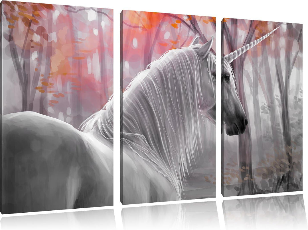Pixxprint Einsames Einhorn im Wald als Leinwandbild/Grösse: 3 Teilig (120x80 cm) cm/Wandbild/Kunstdr